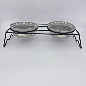 Signauture Fish Bowl Double Cat Stoneware bowls Elevated Footed Iron Stand